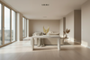Modern living room with a white dining table and decor
